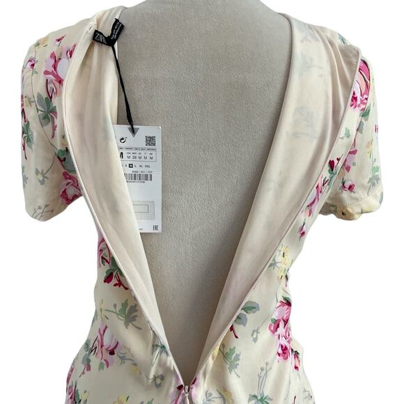 Zara Mini Dress Womens Medium Satin Effect Side Cutouts Floral Yellow Shift NWT - Picture 7 of 12